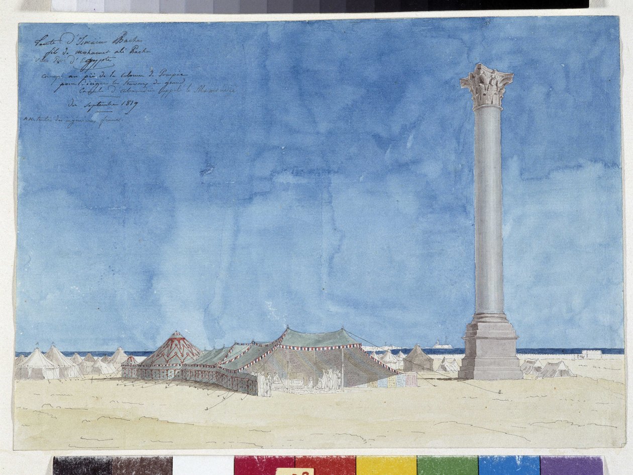 Stan, tábor na úpatí sloupu Pompee. Kresba Pascala Costea (1787-1879), městská knihovna v Marseille od Pascal Xavier (after) Coste
