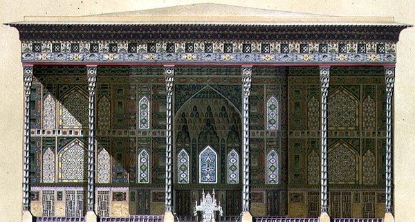 Pavilon Chehel Situn, neboli „40 sloupů“, Isfahán, deska 42-43 z „Moderní památky Persie“, vyryl A. Levie od Pascal Xavier (after) Coste