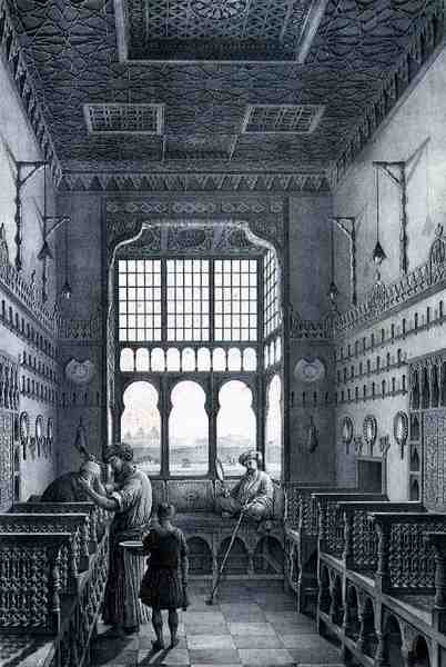 Pohled do holičství ve francouzské čtvrti poblíž Quantarat El Gedydeh, z knihy "Voyage Pittoresque" in Persia, rytina Emile Edmond Ollivier (1800-64), vydaná Letronnem, Paříž (rytina) od Pascal Xavier (after) Coste