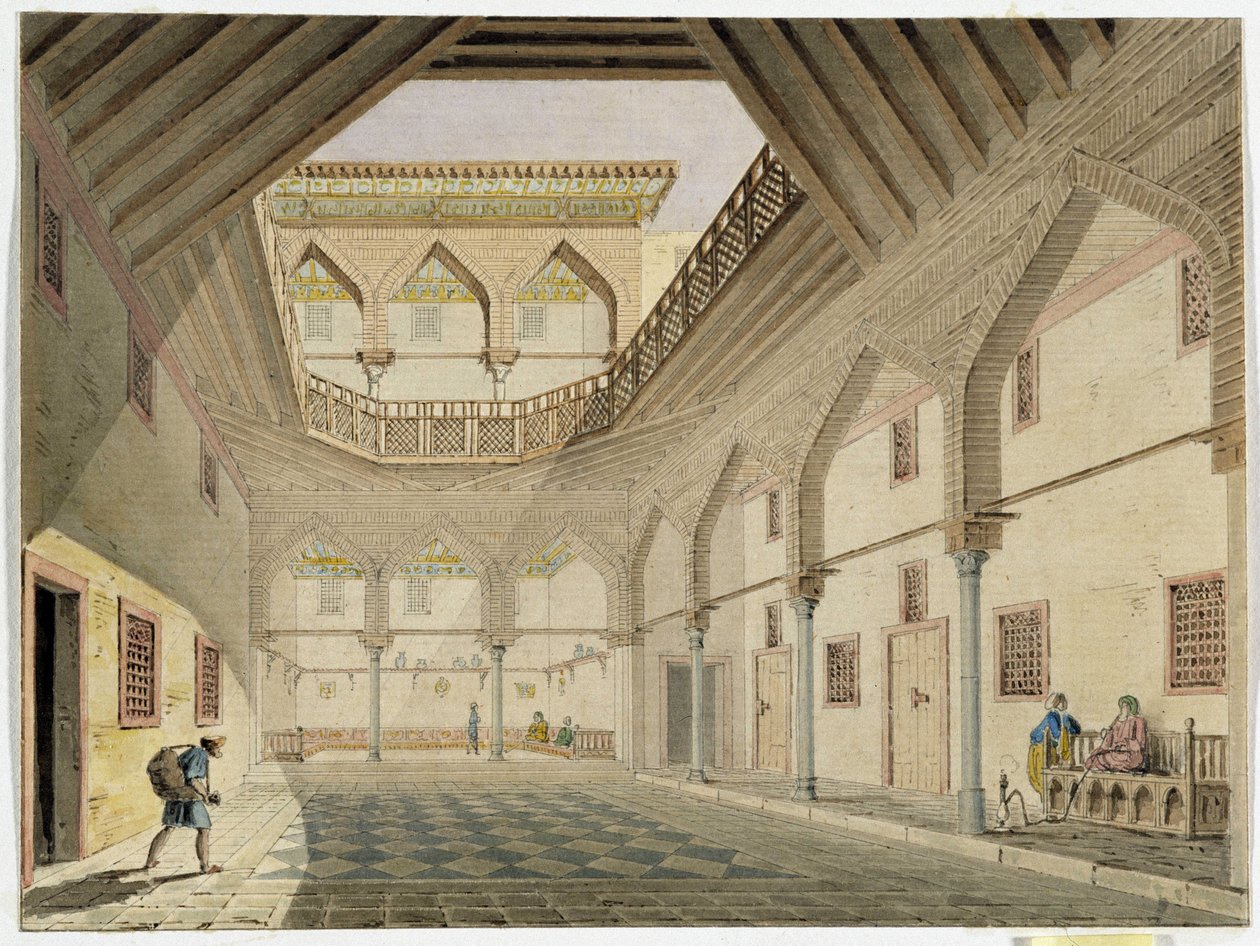 Pohled na vnitřek karavansail, domov Azira Osmana Agha. Akvarel od Pascala Coste (1787-1879) Muzeum středomořské archeologie, Marseille od Pascal Xavier (after) Coste
