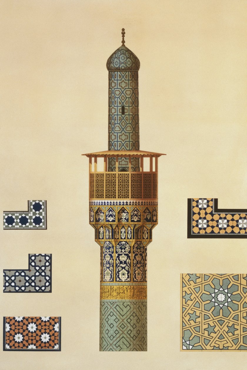 Minaret a keramické detaily z mešity Medrese-i-Shah-Hussein, Isfahán, deska 24-25 z 