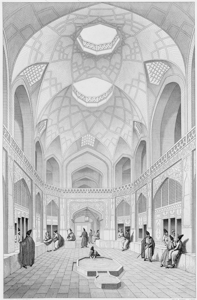 Adji Seid Hussein Bazaar, v Kashan, z „Voyage Pittoresque“ z Persie, vyrytý Louis Felix Penel (fl. 1780-1830), vydal Lemercier, Paříž, 1856 od Pascal Xavier Coste