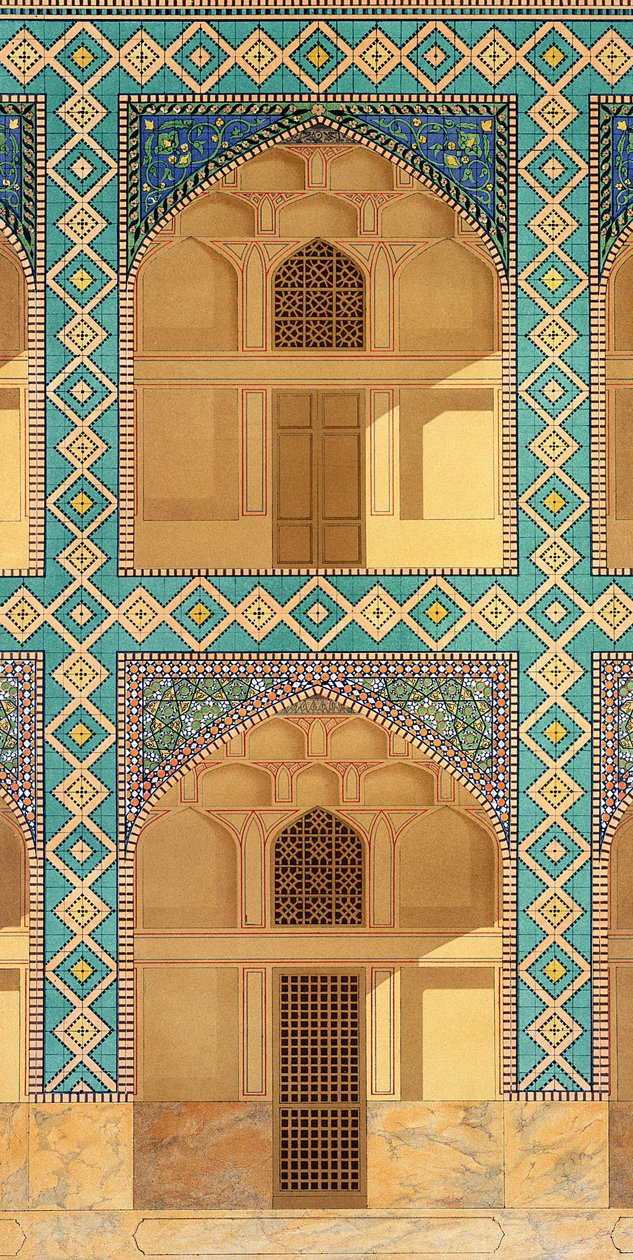 Detail nádvoří arkád v Medrese-i-Shah-Hussein, Isfahán, deska 26-27 z Modern Monuments of Persia, ryl A. Levie, 1856 litho od Pascal Xavier Coste