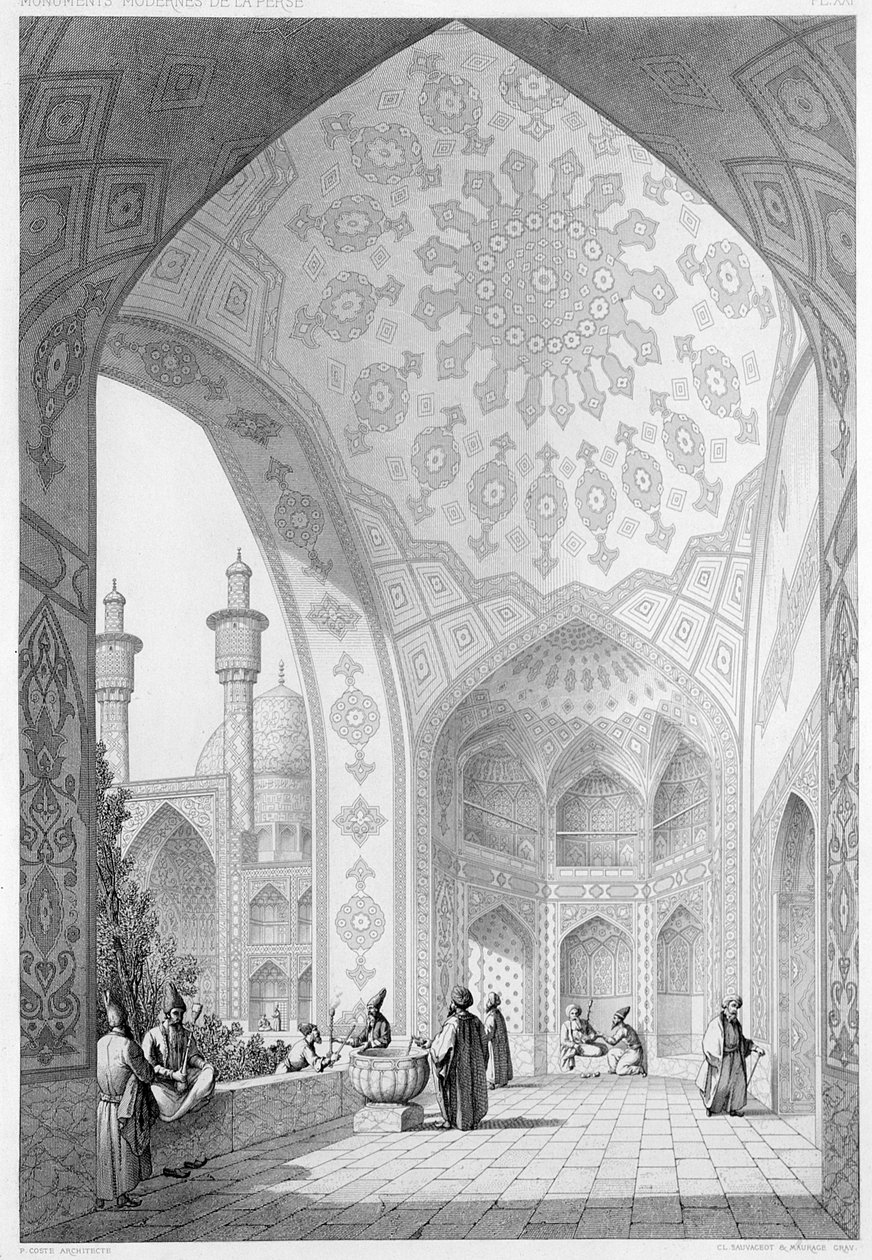 Předsíň hlavního vchodu do Medrese-i-Shah-Hussein, Isfahán, deska 21 z „Modern Monuments of Persia“, vyryla Claude Sauvageot (1832-85) a Maurage, 1856 od Pascal Xavier Coste