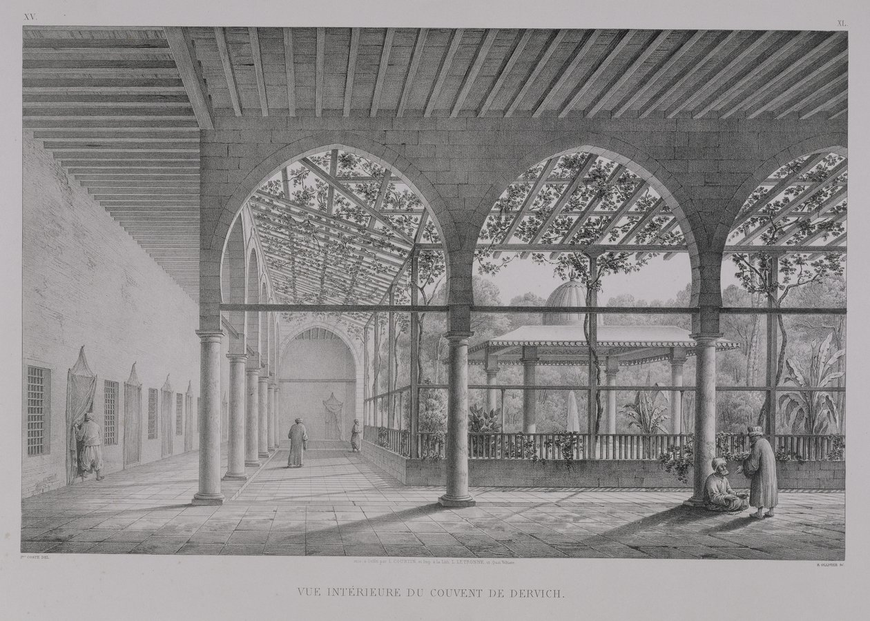 Pohled na interiér dervišského kláštera v Káhiře z knihy "Monuments and Buildings of Cairo", kterou vyryl Emile Edmond Ollivier (1800-64), vydalo nakladatelství Letronne, Paříž, 1829. od Pascal Xavier Coste
