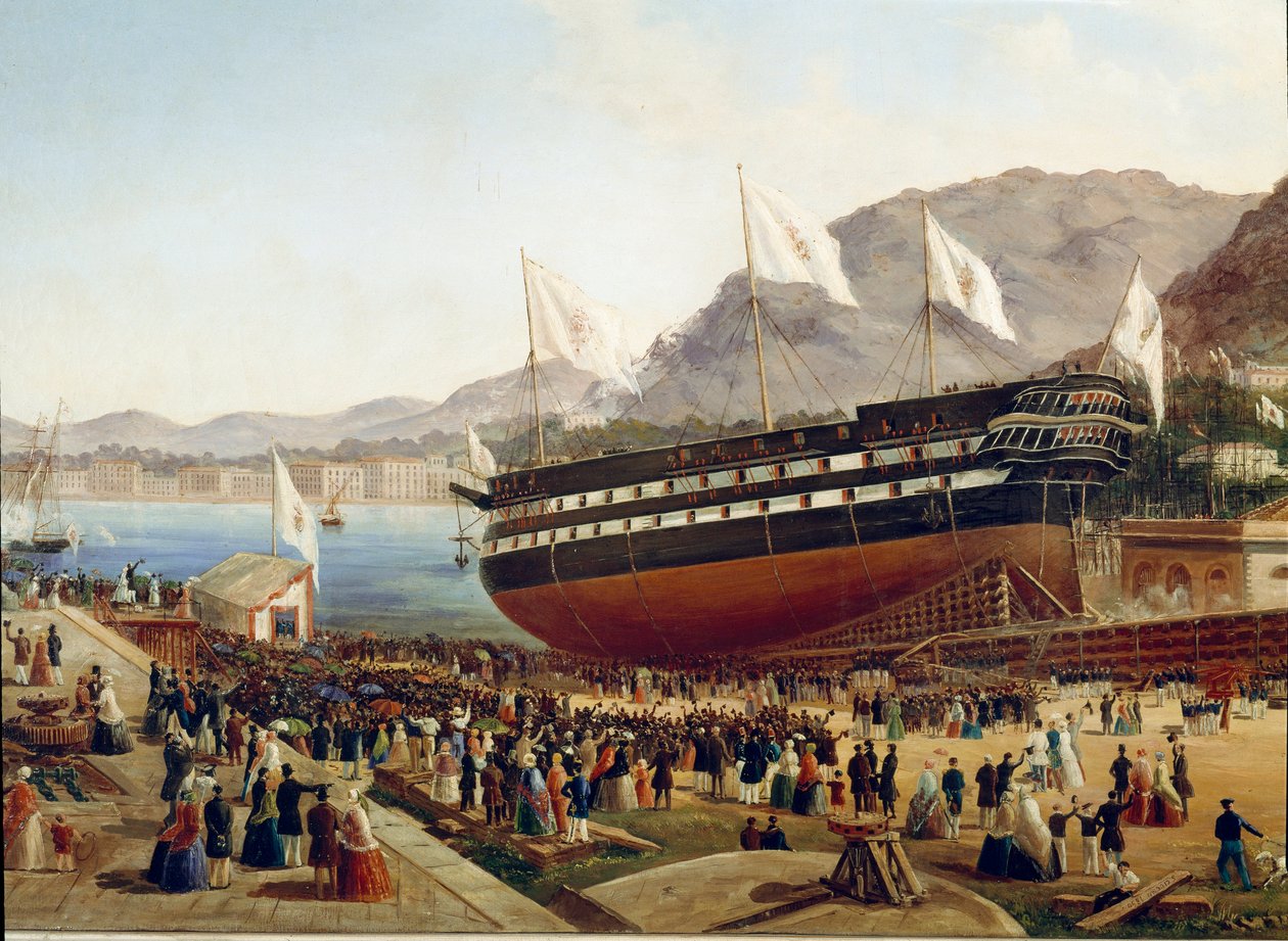 Inaugurace lodi Monarca v arzenálu Castellammare v Neapoli v roce 1854 Detail - Malba Pasquale De Luca (19. století) Neapol, Museo Nazionale di San Martino od Pasquale de Luca