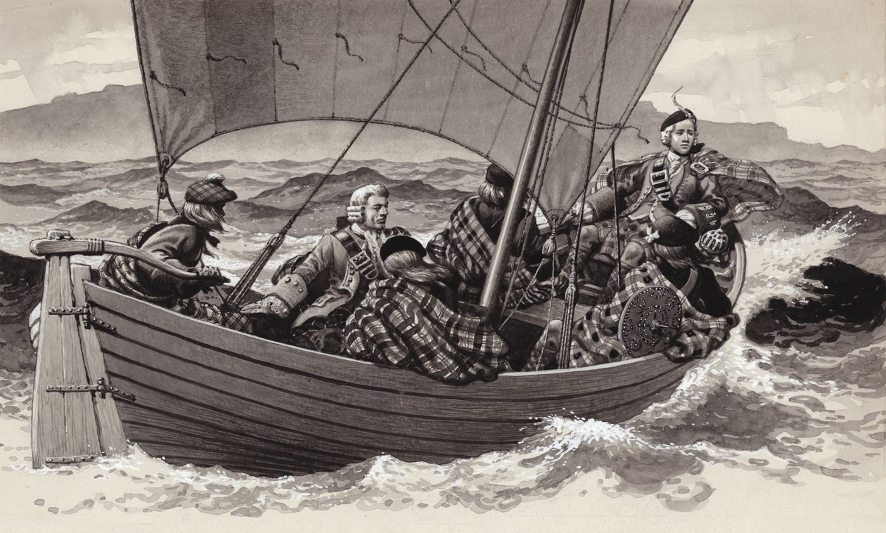 Bonnie Prince Charlie vyráží na ostrov Skye (kvaš na papíře) od Pat (1907 95) Nicolle
