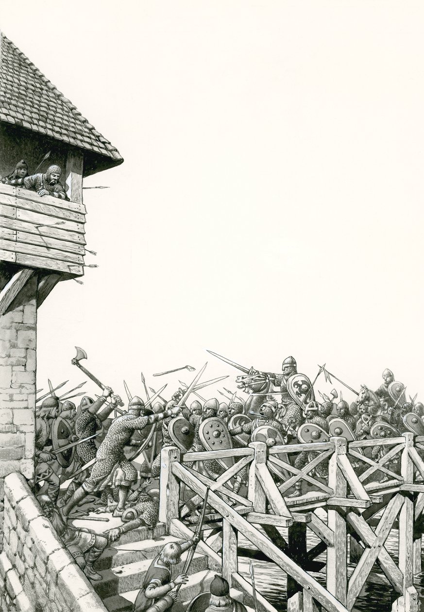 Normanské dobývání: vojska postupující k Temži (kvaš na papíře) od Pat (1907 95) Nicolle