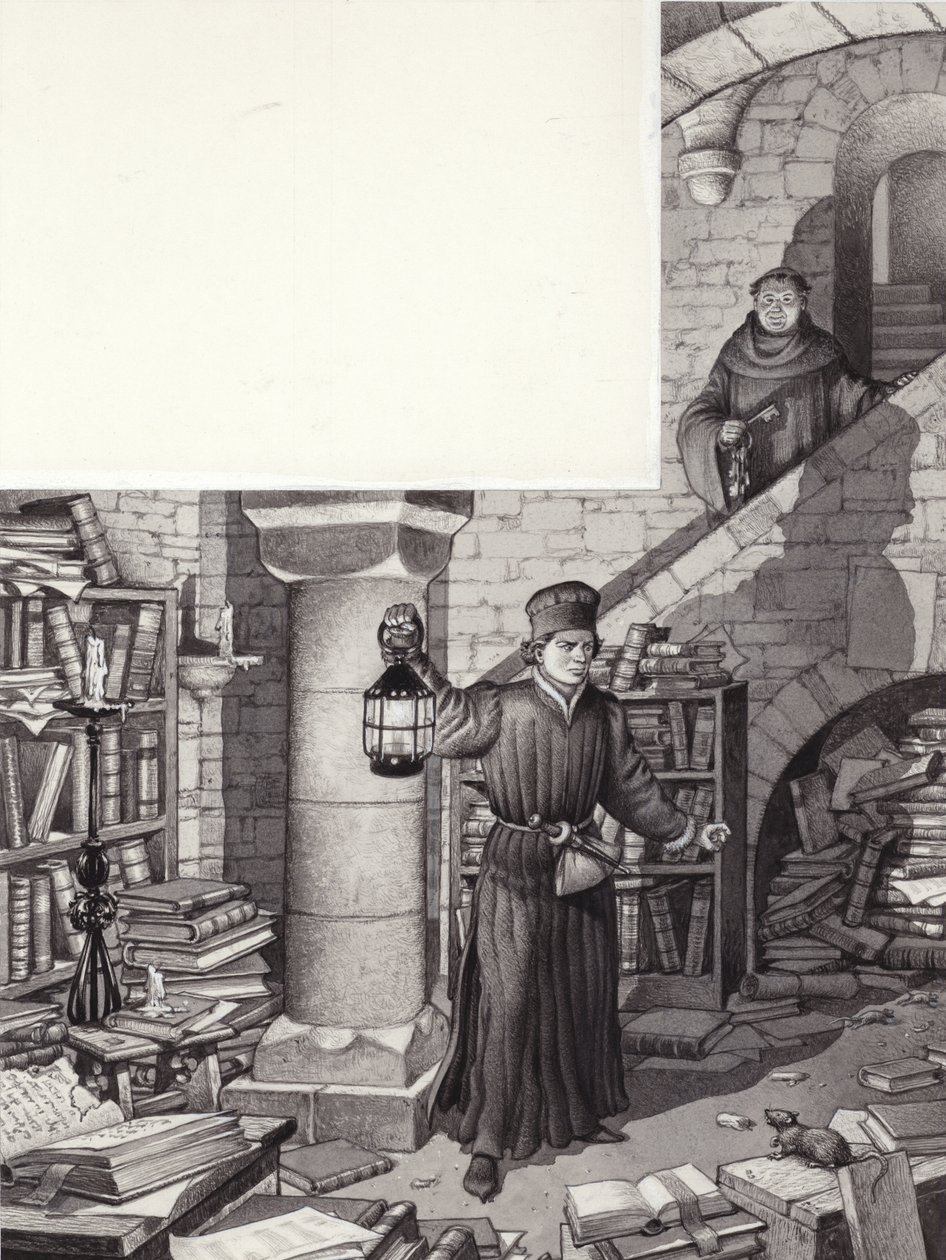 Poggio Bracciolini v zanedbané knihovně kláštera St Gall (kvaš na papíře) od Pat (1907 95) Nicolle
