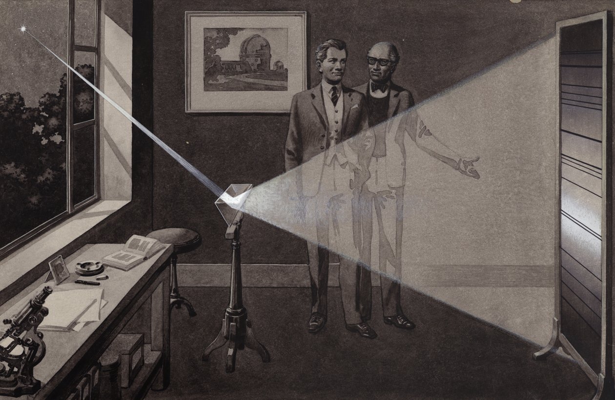 Světlo hvězdy dopadá na hranol a rozděluje se na duhu barev (kvaš na papíře) od Pat (1907 95) Nicolle