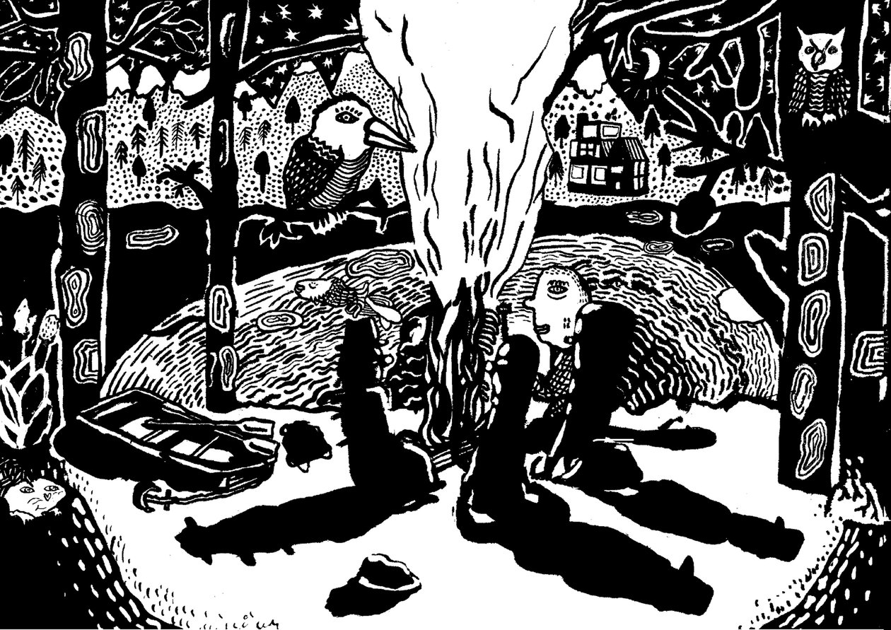 oheň v lese, 2014 (tuš a štětec) od Pat Macdonald