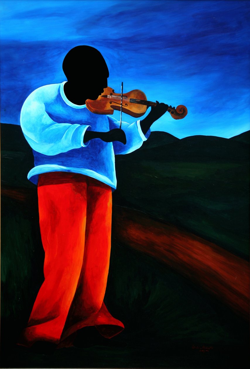 Ti-Jean houslista, 2008 (akryl na masonitu) od Patricia Brintle