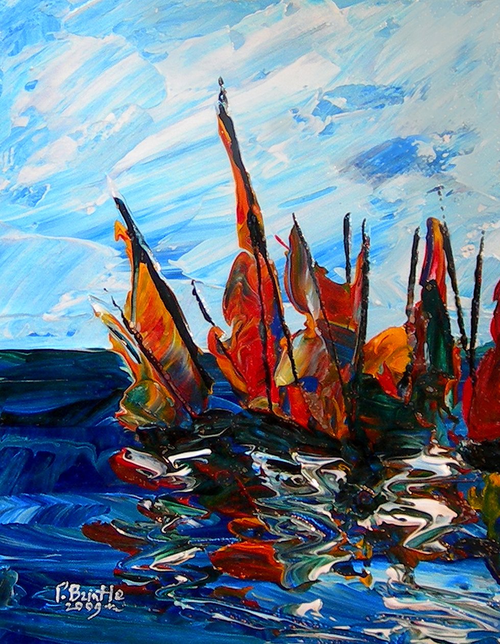 Plachetnice v přístavu Bainet, 2009 (akryl na dřevě) od Patricia Brintle