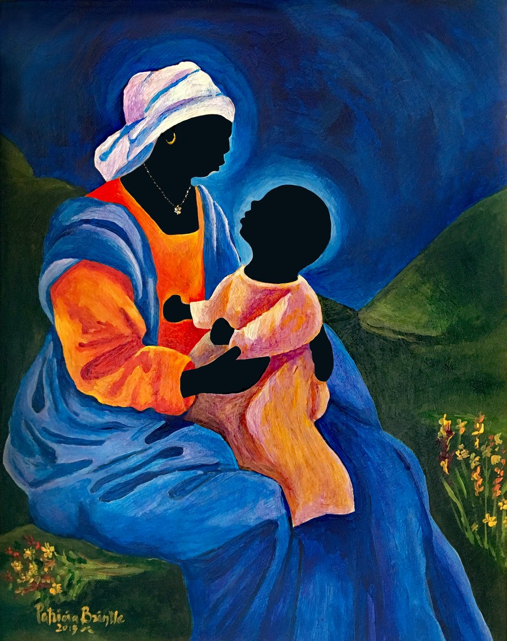 Madonna a dítě trhající květiny, 2018 (akryl na masonitu) od Patricia Brintle