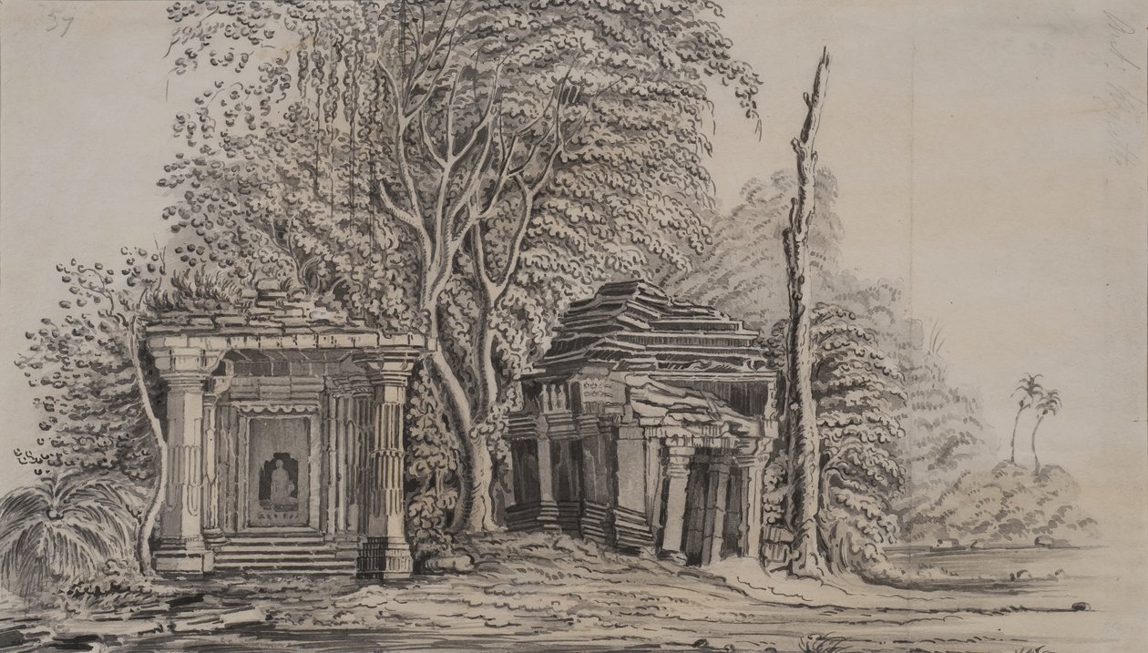 Chrámy Gunga Bheou, 1820 (tužka a mytí na papíře) od Patrick Waugh