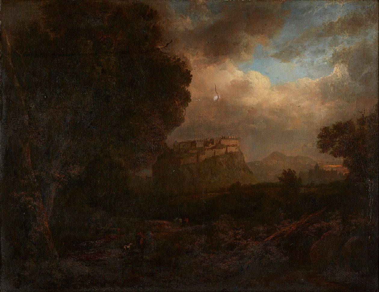 Pohled do dálky na Edinburgh, s cestovateli v popředí (olej na plátně) od Patrick (attr.to) Nasmyth