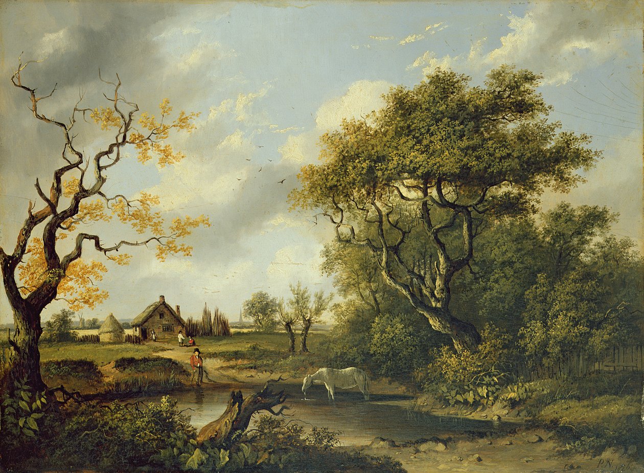 Pití koní u rybníka (olej na desce) od Patrick Nasmyth