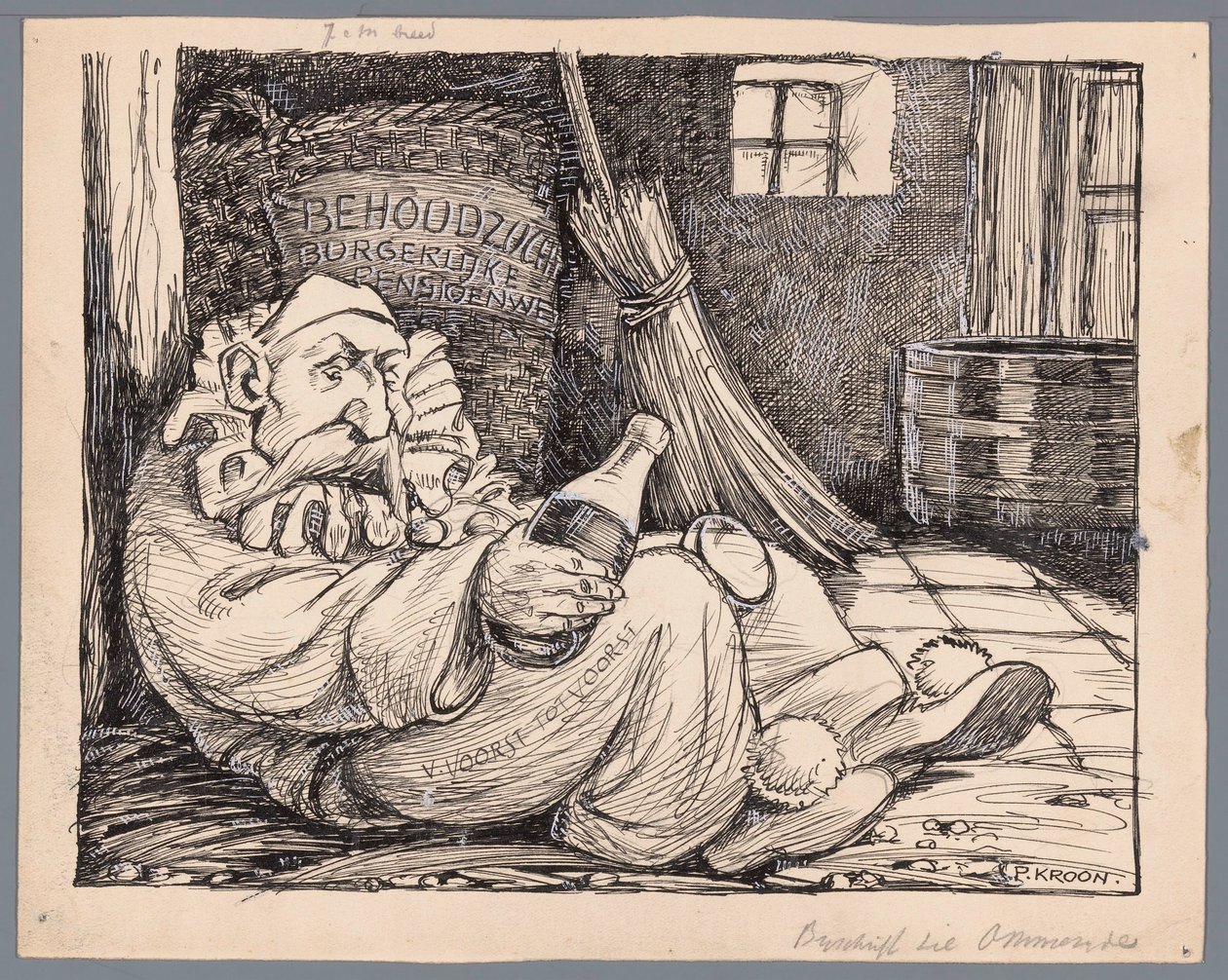 Baron van Voorst tot Voorst jako návštěvník karnevalu Karneval nebo zrušené zákony o civilním důchodu (název na objektu) od Patricq Kroon (signed by artist)