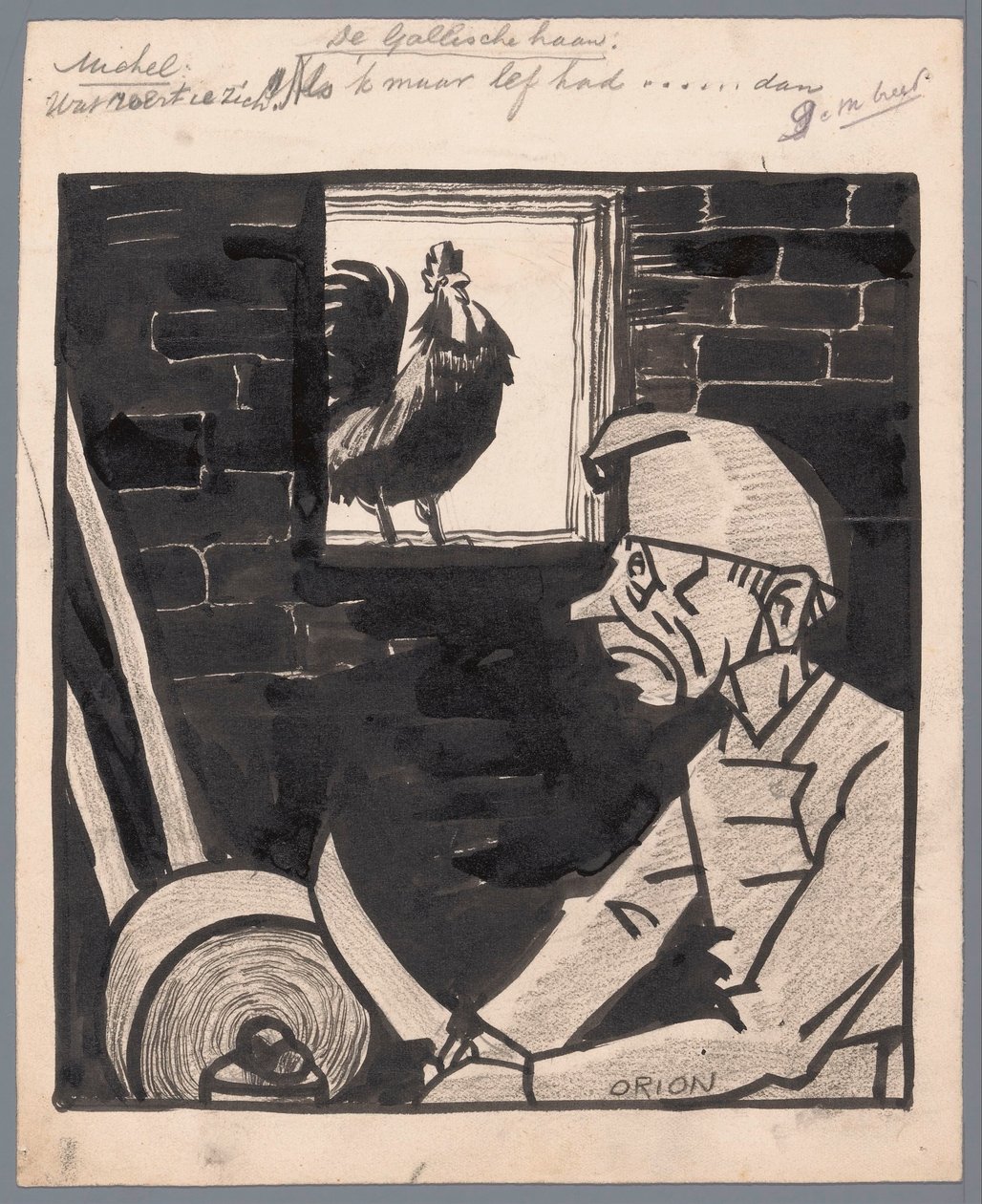 Muž brousí nůž, zatímco francouzský kohout zakokrhá Galský kohout (titul na předmětu) od Patricq Kroon (signed by artist)