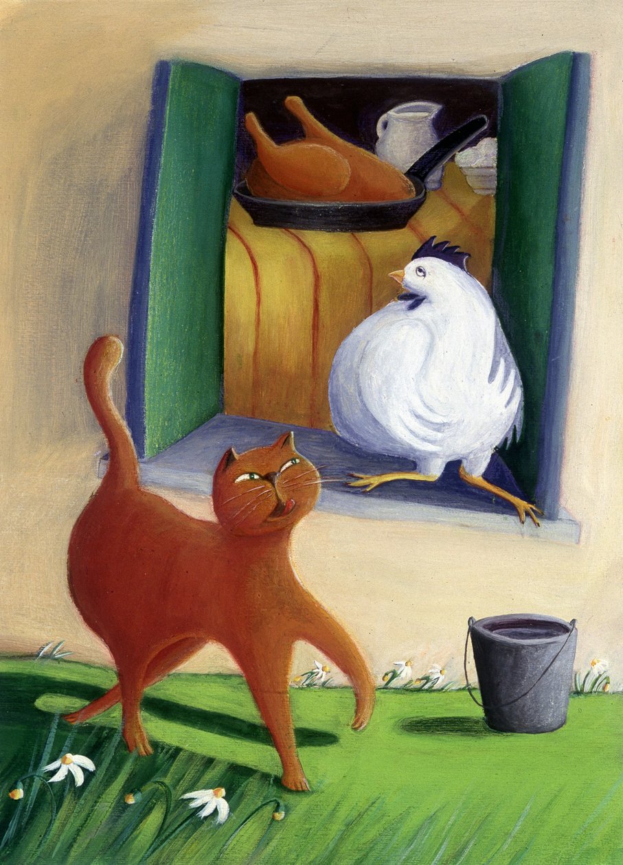 Kočka a kuře na dvoře statku - ilustrace Patrizia La Porta od Patrizia La Porta