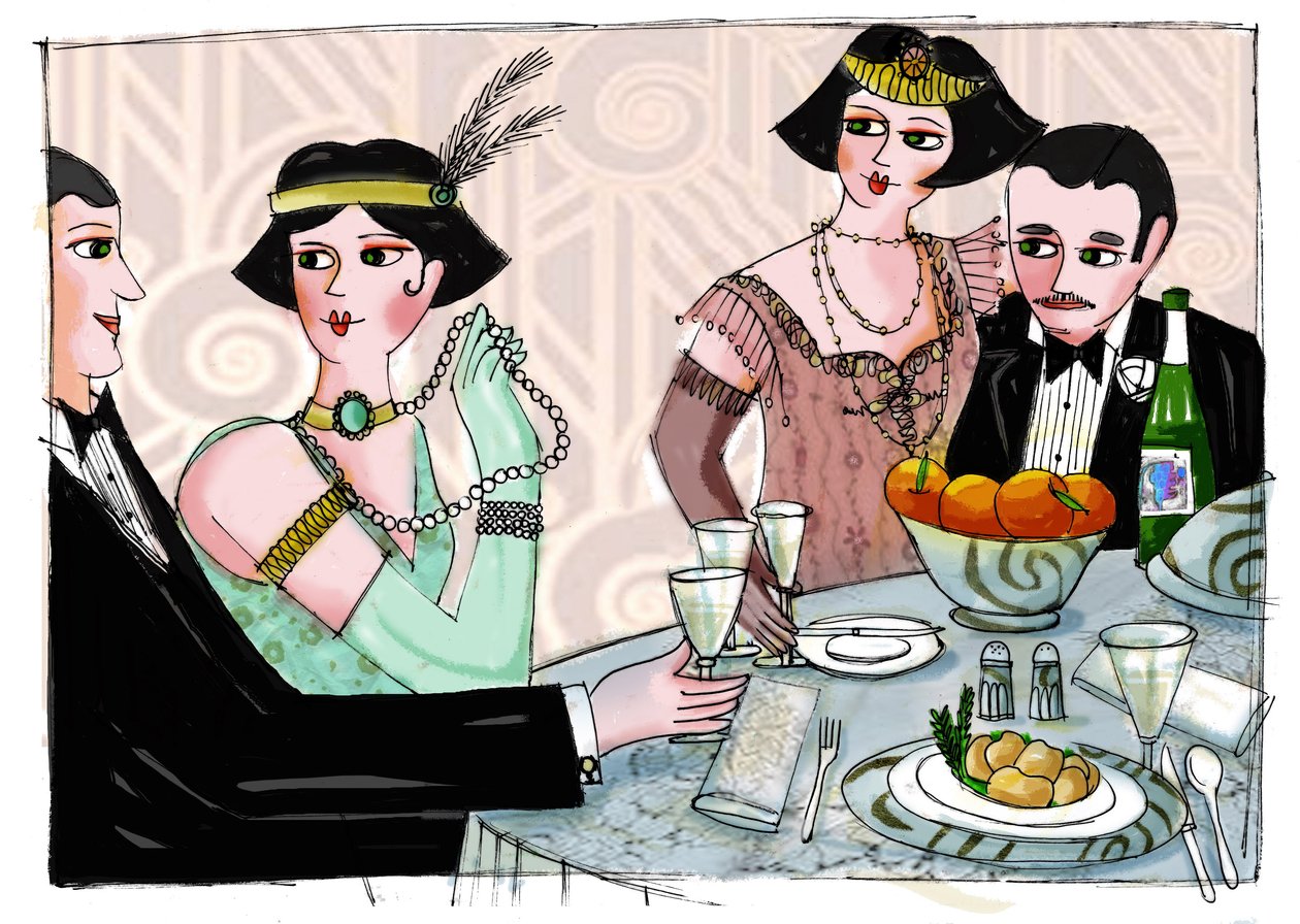 Ilustrace zobrazující světskou večeři v knize "Gatsby Velkolepý" amerického spisovatele Francise Scotta Fitzgeralda (1896-1940) (Velký Gatsby) Kresba Patrizia Laporta od Patrizia La Porta