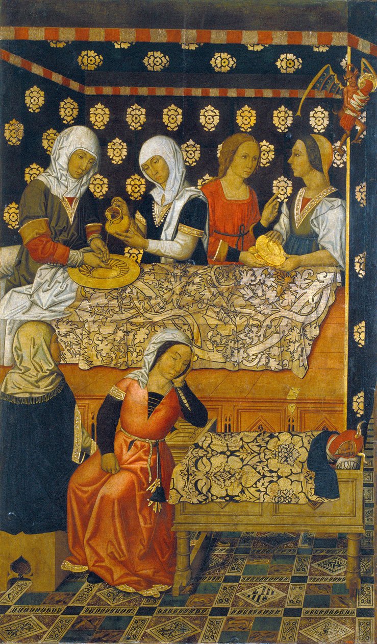 Narození svatého Štěpána - Narození svatého Štěpána - Obraz rodiny Vergos (aktivní koncem 15. století) - cca. 1495 - Tempera na panelu - 200x123,2 - Museu Nacional d