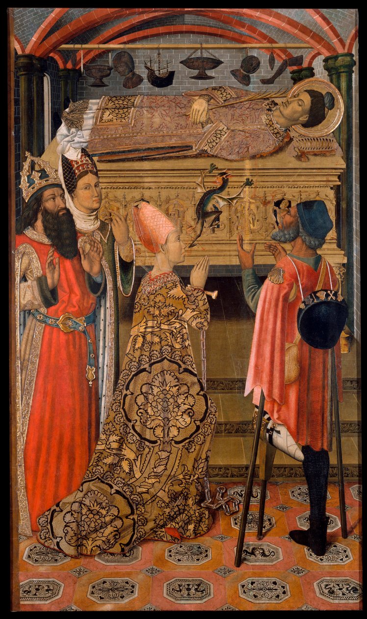 Princezna Eudocia (Eudoxie) (408-460) před hrobem svatého Štěpána - Princezna Eudoxia před hrobem svatého Štěpána - Obraz od rodiny Vergos (aktivní koncem 15. století) - c. 1495 – Tempera na panelu – 192,3x114 – Museu Nacional d