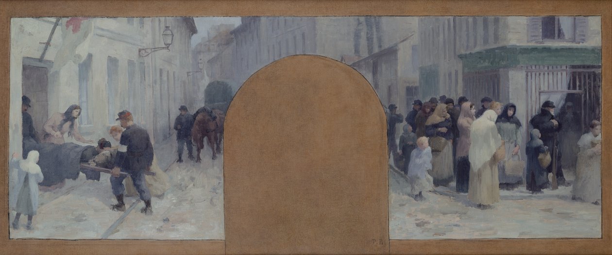 Převoz zraněného do sanitky a fronta před obchodem (olejové plátno) od Paul Albert Baudouin