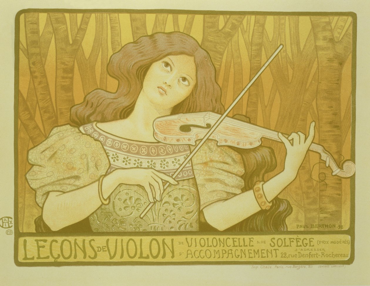 Reprodukce reklamního plakátu „Houslové lekce“, Rue Denfert-Rochereau, Paříž, 1898 od Paul Berthon