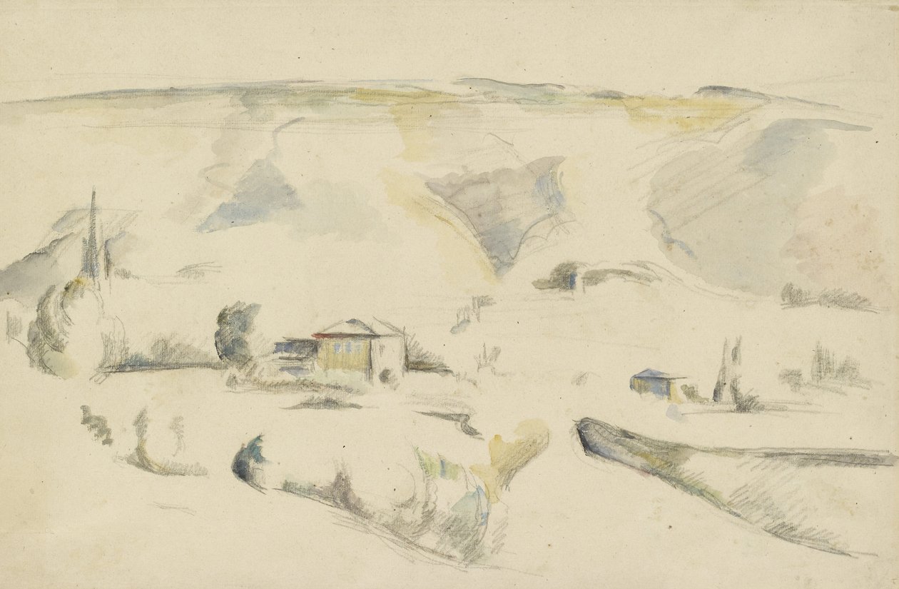 Recto: Pohled přes údolí (grafit a akvarel na špinavě bílém papíře) od Paul Cézanne