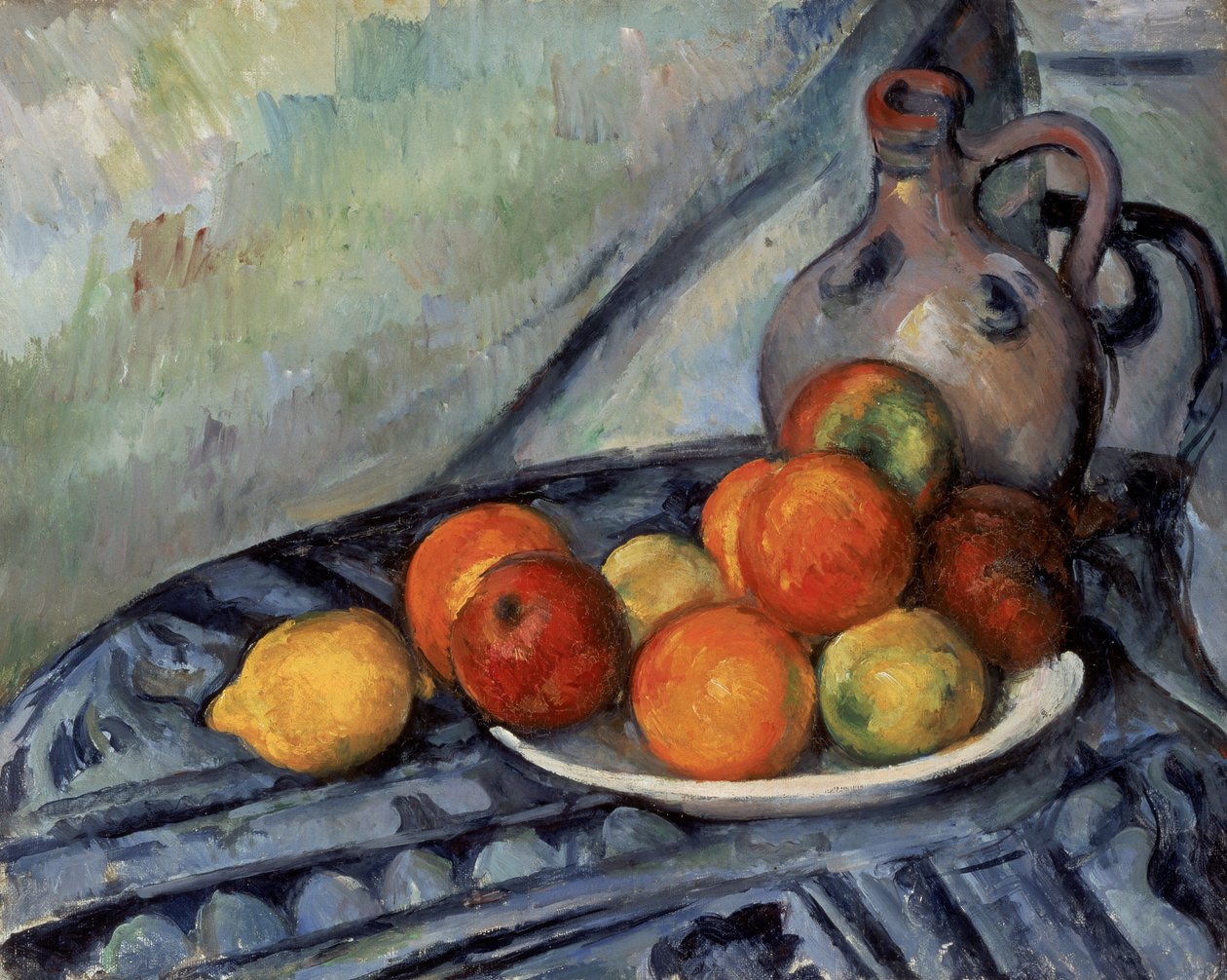 Ovoce a džbán na stole od Paul Cézanne