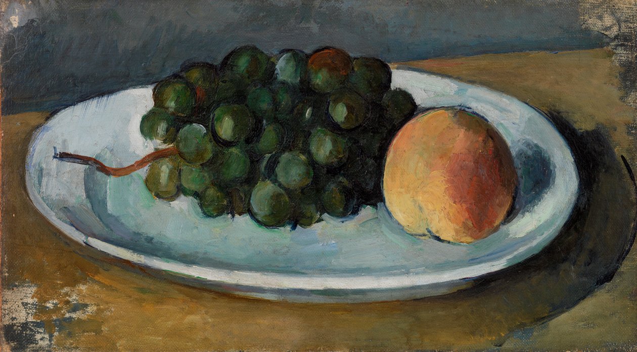 Hrozny a broskev na talíři, 1877-79 od Paul Cézanne