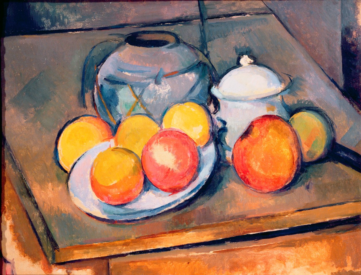 Slámou přikrytá váza, cukřenka a jablka, 1890-93 (viz také 287555) od Paul Cézanne