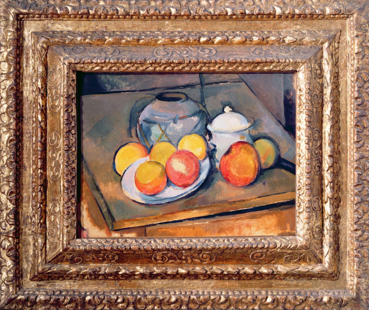 Slámou přikrytá váza, cukřenka a jablka, 1890-93 (viz také 393804) od Paul Cézanne
