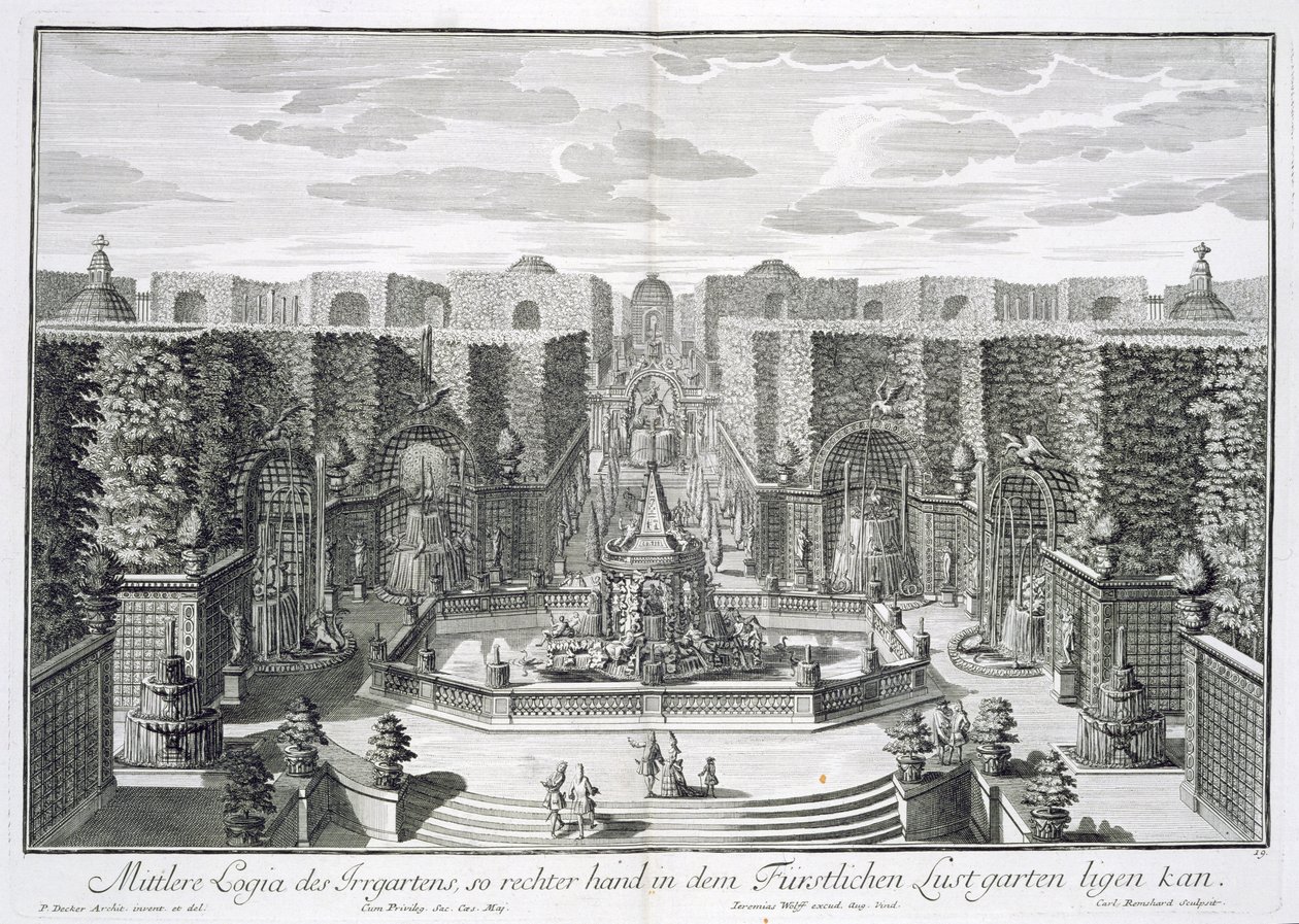 Německá vodní zahrada, z knihy "Furstlicher Baumeister", rytina Karla Remsharda (1678-1735), vydaná asi v letech 1711-16. od Paul Decker