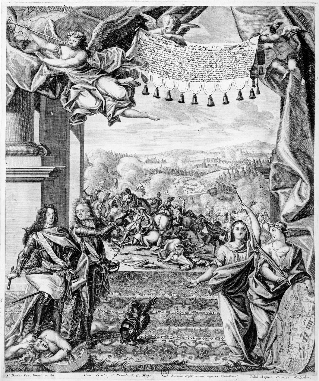 Bitva u Malplaquet, 11. září 1709, vyrytý Jeremiasem Wolffem a Johannem Augustem Corninusem (1683-1738) od Paul Decker