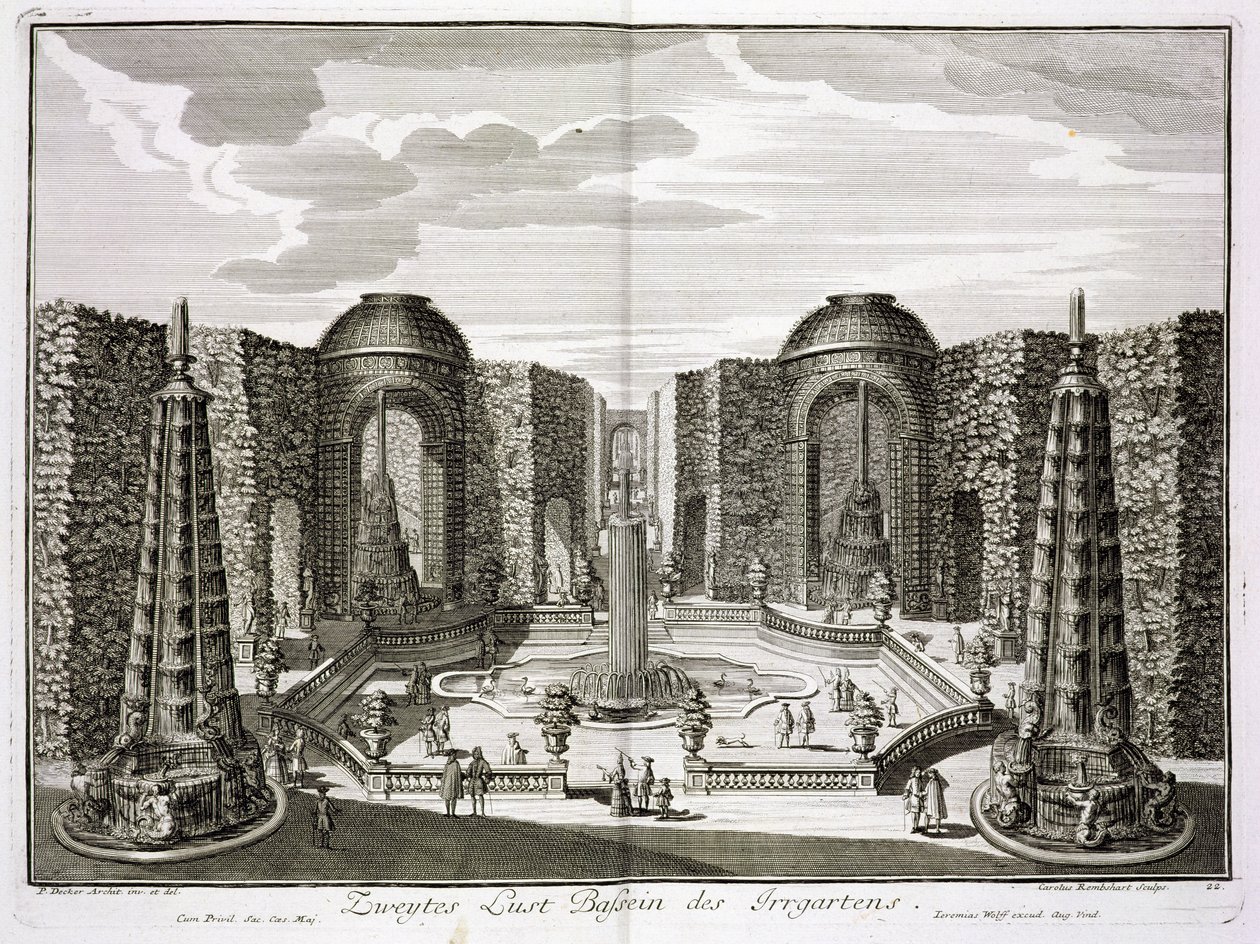 Kašna v bludišti v Knížecím zábavním paláci a zahradách v Berlíně, rytina Karla Remsharda (1678-1735), vydaná asi v letech 1711-16. od Paul Decker