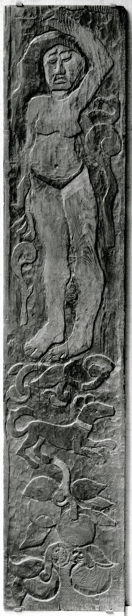 Vyřezávaný vertikální panel z rámu dveří Gauguinsovy poslední rezidence v Atuoně na Hiva Oa (ostrovy Markézy), 1902 (sekvoje) od Paul Gauguin