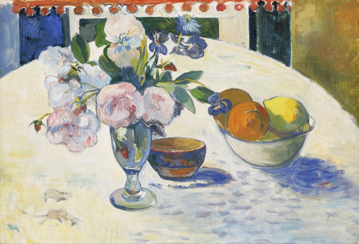 Květiny a mísa ovoce na stole od Paul Gauguin