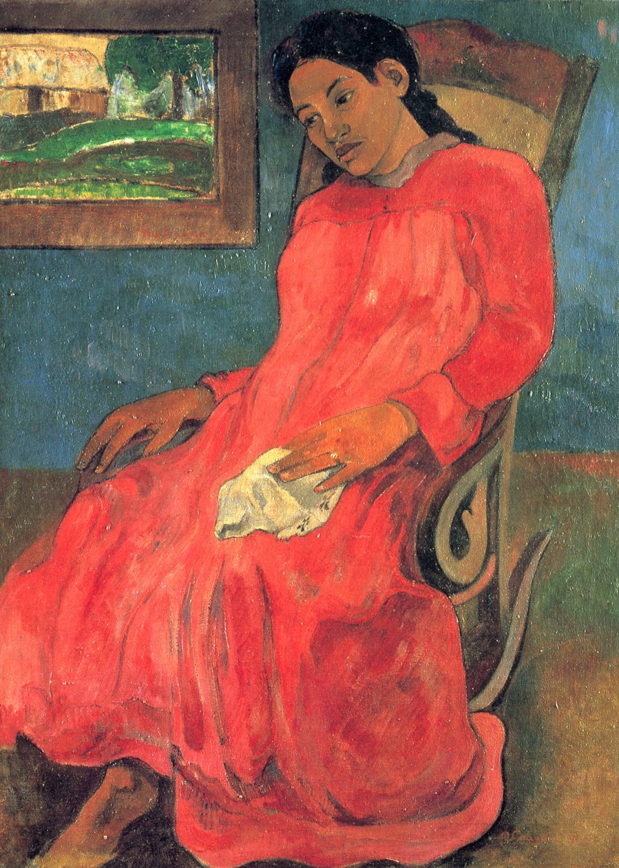 Žena v červených šatech od Paul Gauguin