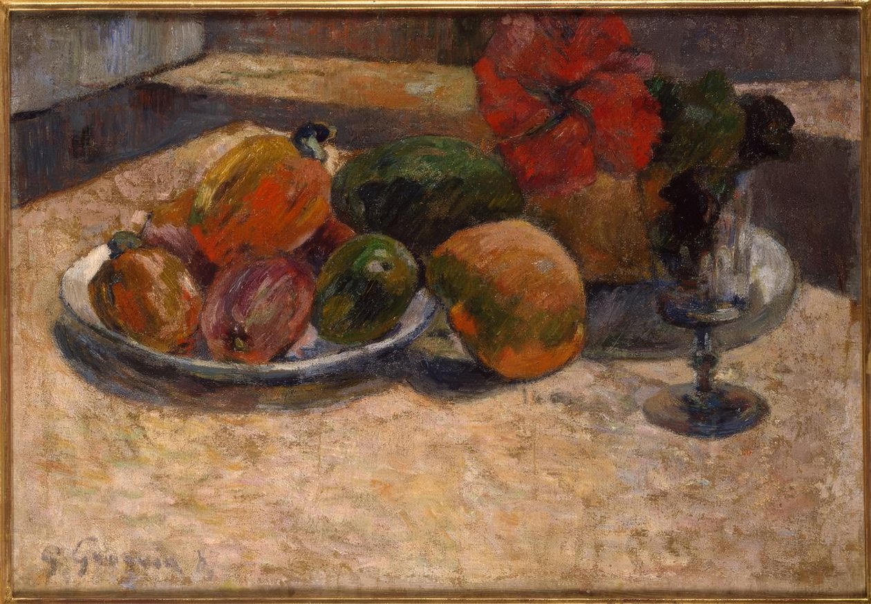 Exotické ovoce a červené květy od Paul Gauguin