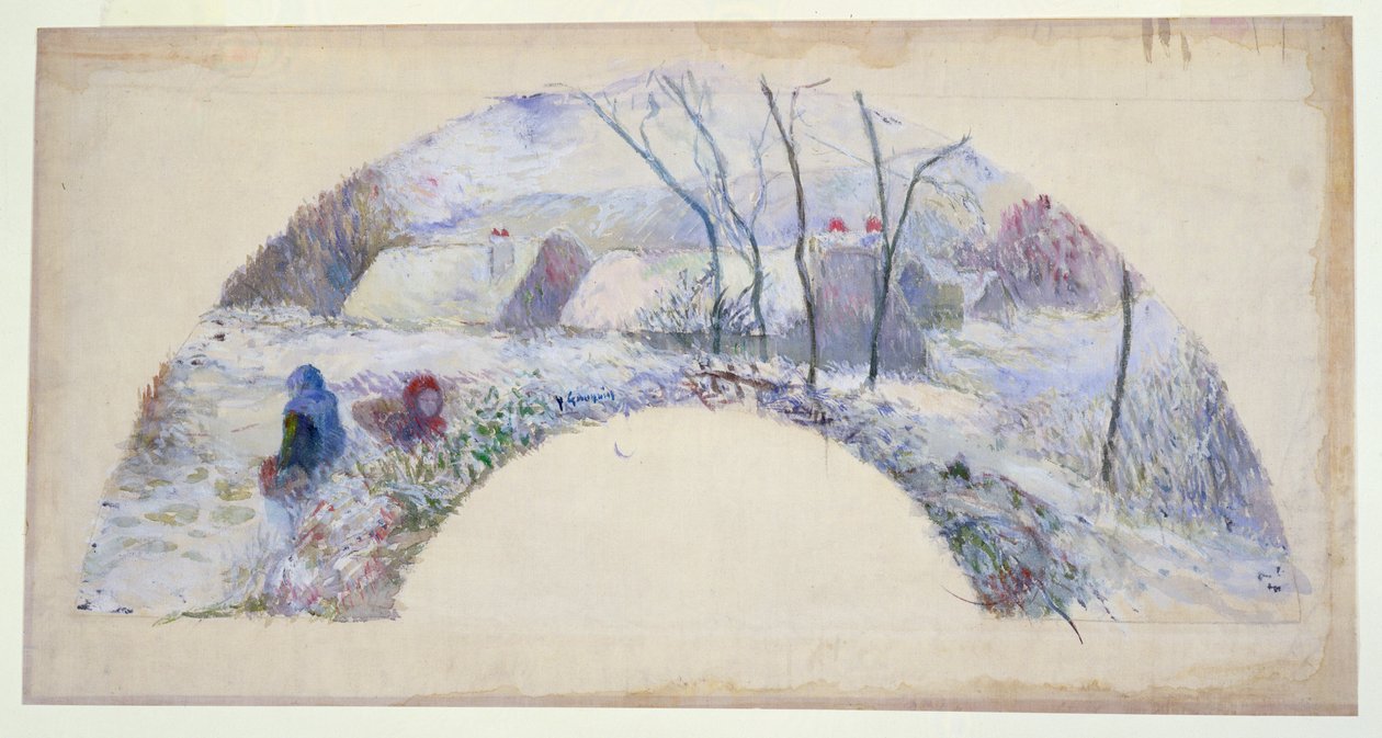 Zahrada pod sněhem, design pro ventilátor, cca 1885 (wc a tělová barva přes černou křídu na jemném plátně) od Paul Gauguin