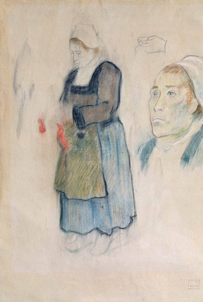 Studie bretaňských rolníků, 1888 (červená křída, uhel a pastel na béžovém papíře) od Paul Gauguin