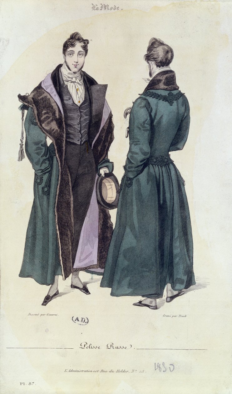 Francouzský módní talíř Pelisse Russe, 1830 (barevná rytina) od Paul Gavarni