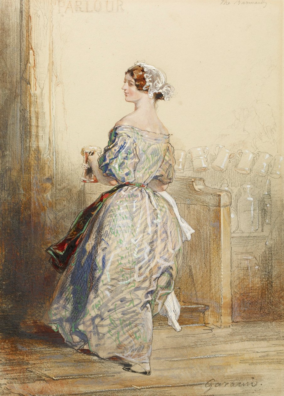 Barmanka, cca 1850 (čb, pastelka a grafit zvýrazněné bílou barvou na papíře) od Paul Gavarni