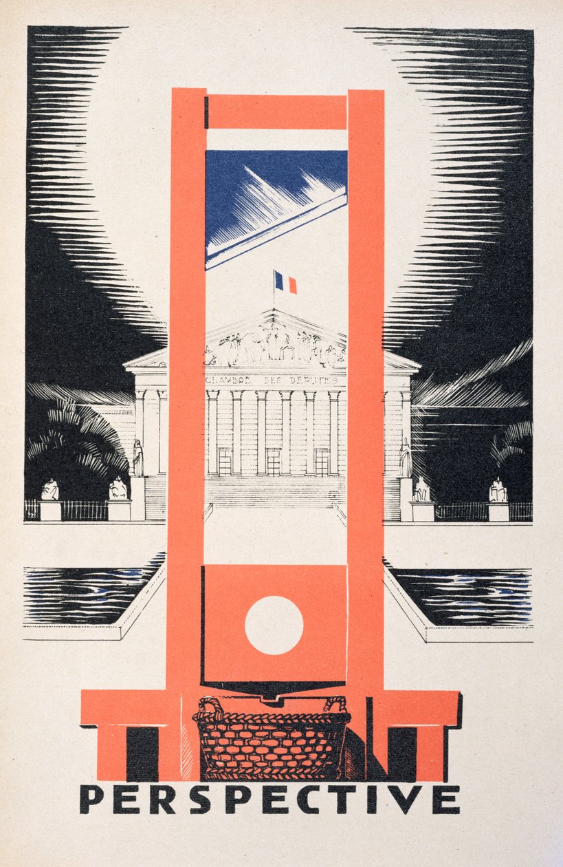 „Perspektiva“, gilotina obrácená k Národnímu shromáždění, ilustrace z „Parlons Francais“ od Paula Iribea (1883-1935), vydané nakladatelstvím Editions Floury, Paříž 1934 od Paul Iribe