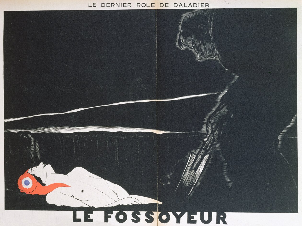 Hrobník, karikatura Edouarda Daladiera (1884-1970) pohřbívajícího Marianne, z "Parlons Francais", 1934 od Paul Iribe