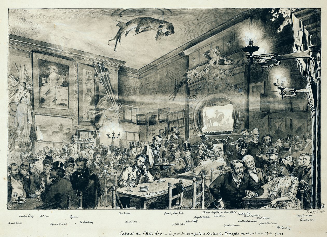 Kabaret du Chat Noir, 1886 (pero, tuš a wash na papíře) od Paul Merwart