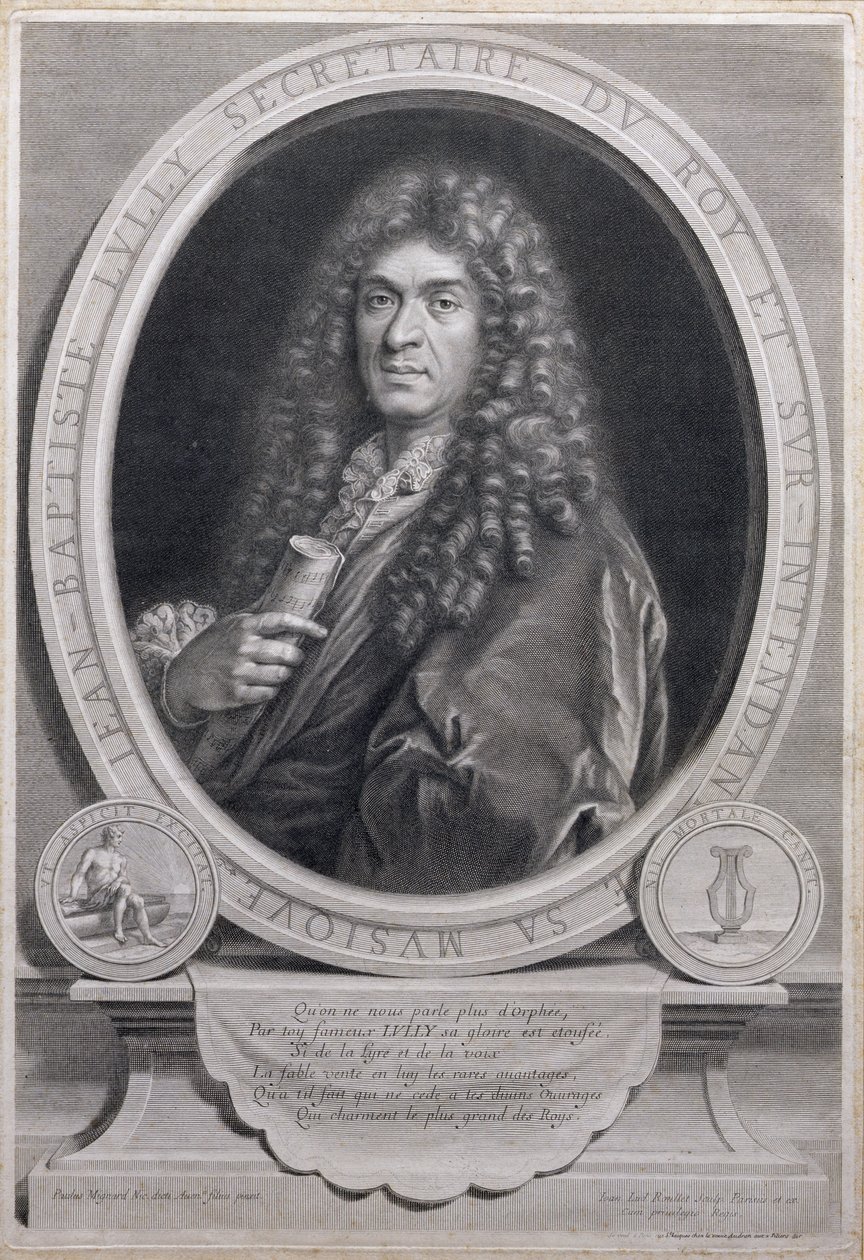Portrét Jeana Baptisty Lullyho (1632-87), francouzského skladatele a operního režiséra, vyryl Jean Louis Roullet (1645-99) od Paul Mignard