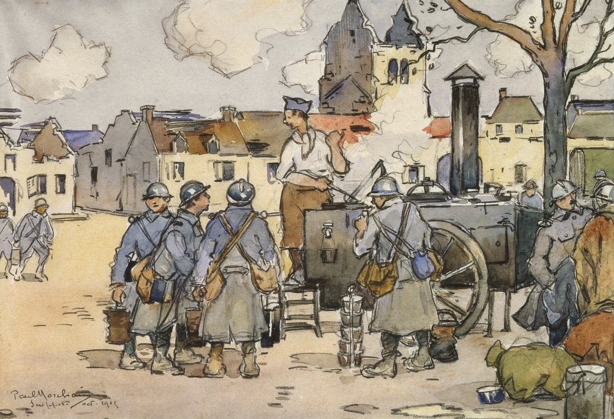 Francouzští odstřelovači v polní kuchyni, Marne, říjen 1915 (wc na papíře) od Paul Morchain